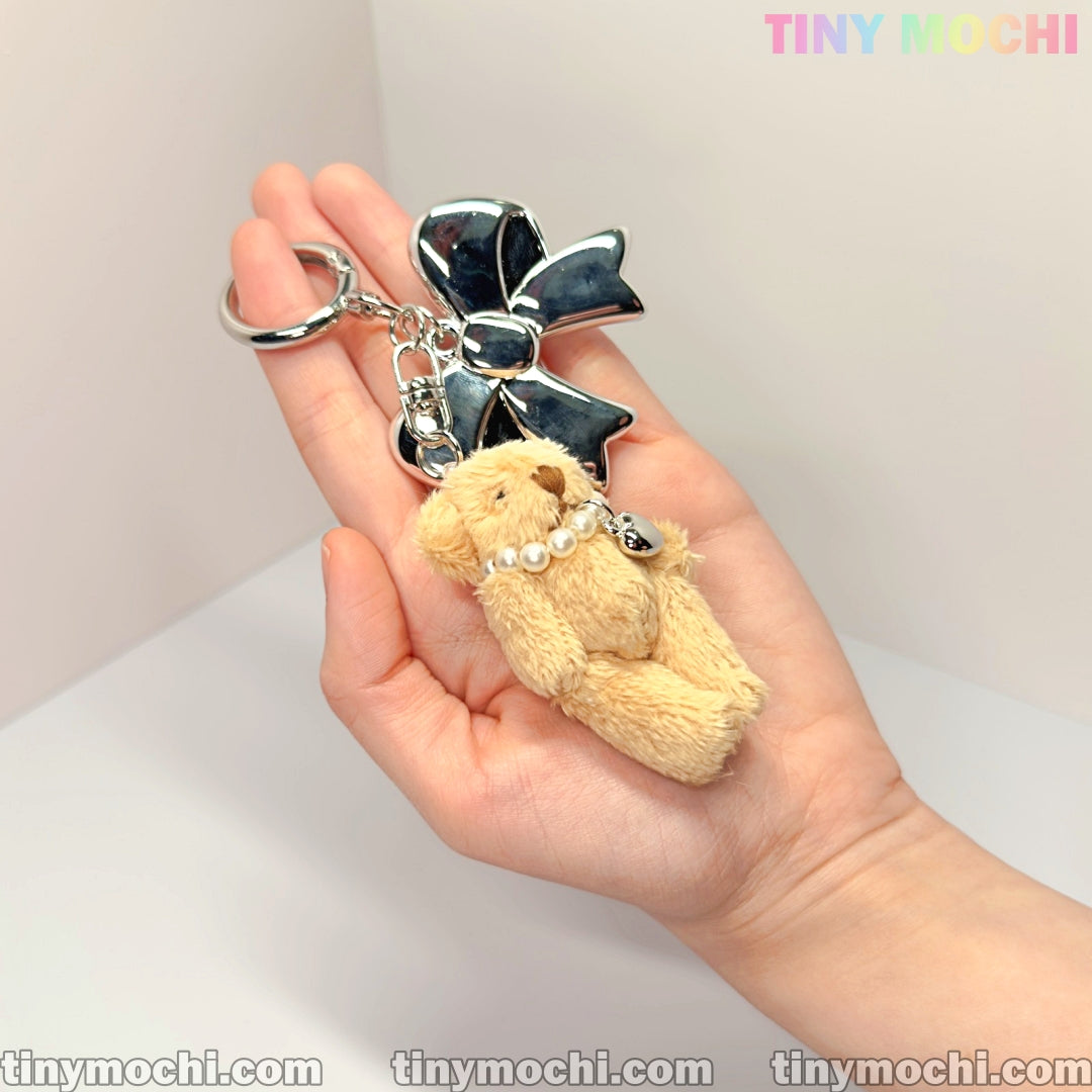 Plush Teddy Bear Keychain Charm, Bag Charm with Soft Furry Pendant and Silver Bow for Backpacks, Handbags, and Keys - Cute Fashion Accessory - Tiny Mochi
