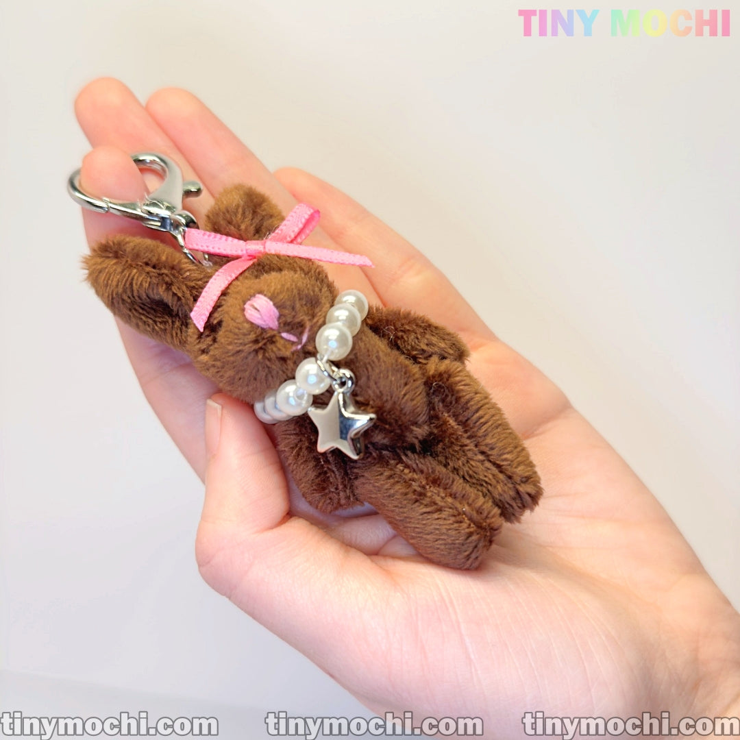 Plush Bunny Keychain with Pearl Necklace and Star Charm—Soft Furry Bag Charm for Backpacks, Handbags, and Keys—Cute Gift Accessory - Tiny Mochi