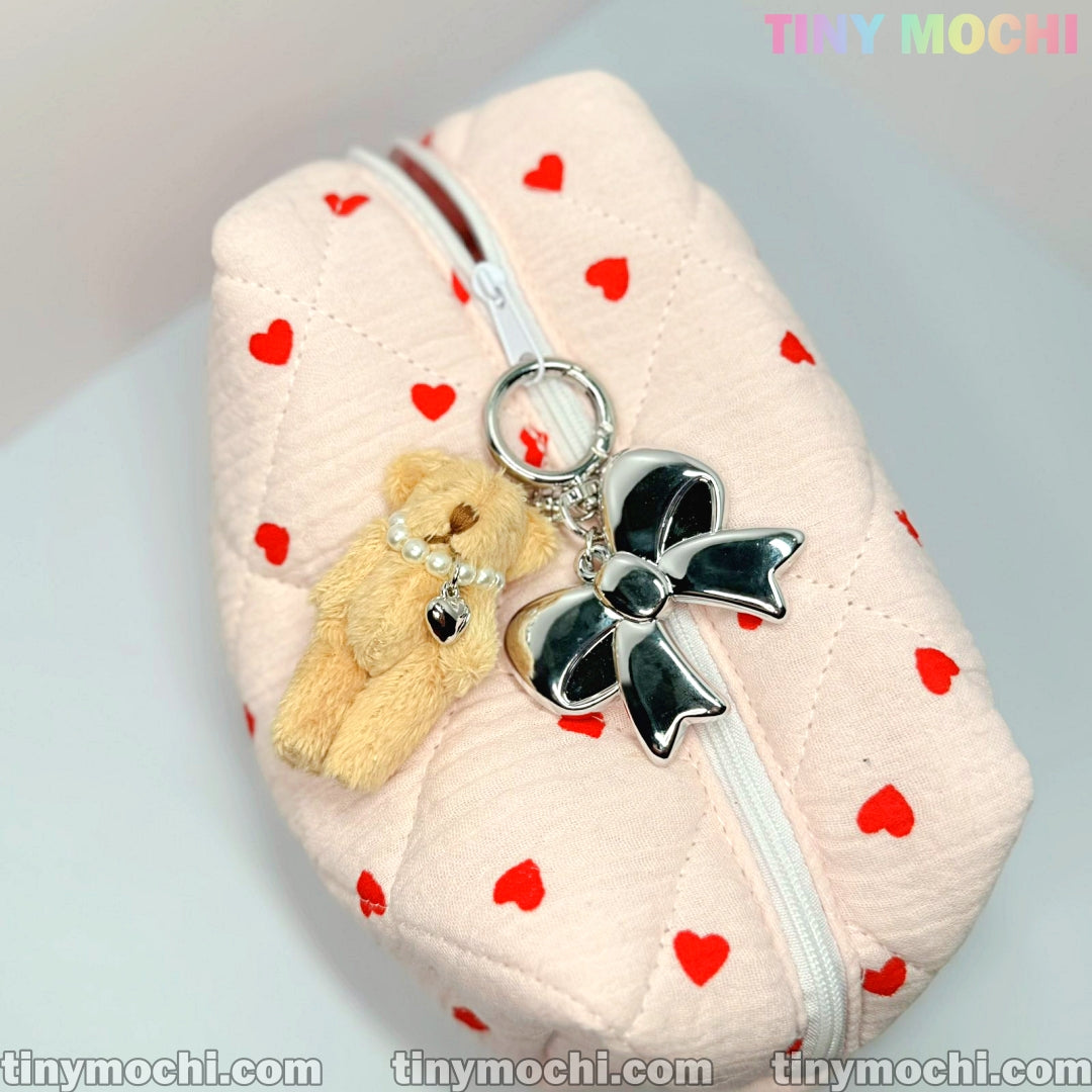 Plush Teddy Bear Keychain Charm, Bag Charm with Soft Furry Pendant and Silver Bow for Backpacks, Handbags, and Keys - Cute Fashion Accessory - Tiny Mochi
