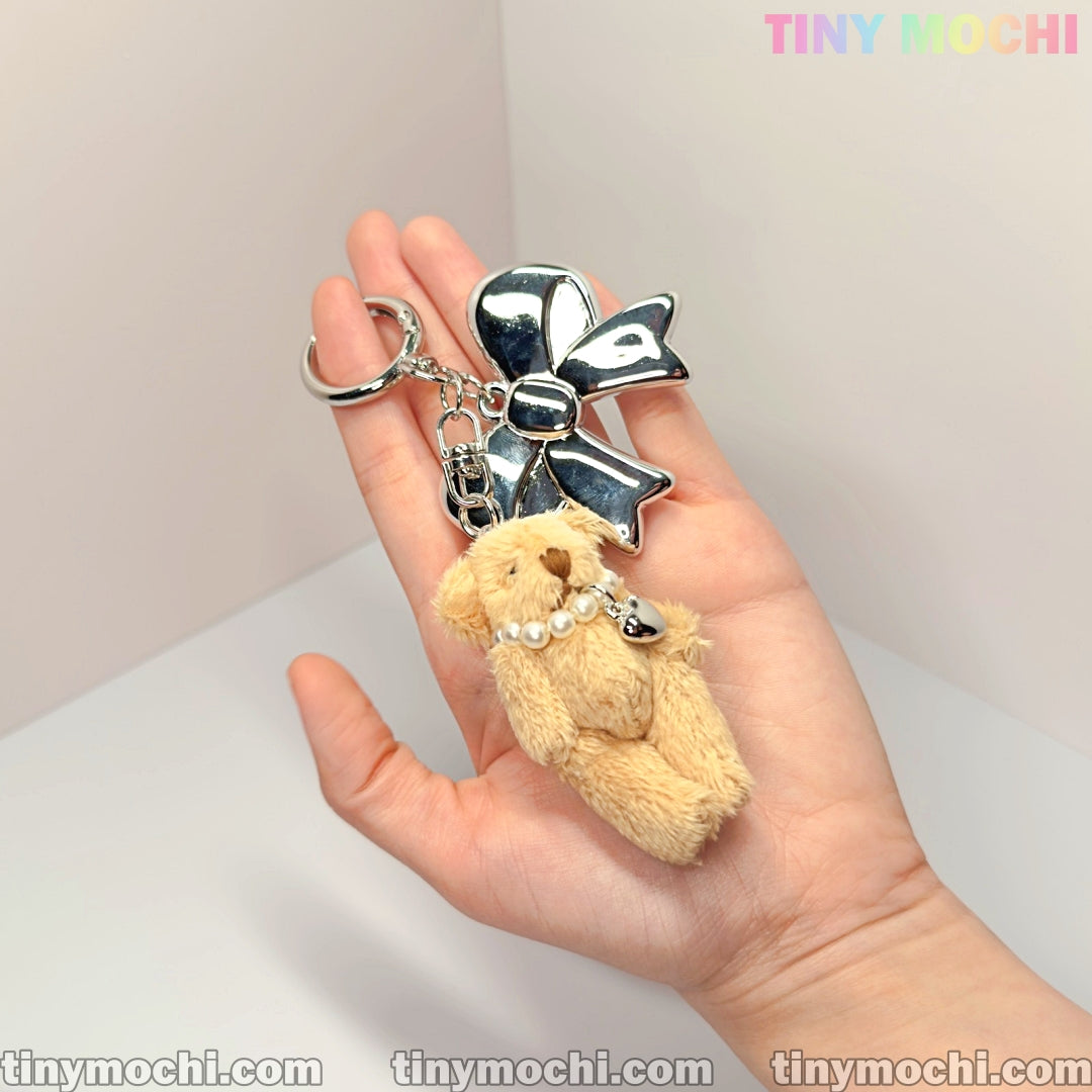Plush Teddy Bear Keychain Charm, Bag Charm with Soft Furry Pendant and Silver Bow for Backpacks, Handbags, and Keys - Cute Fashion Accessory - Tiny Mochi