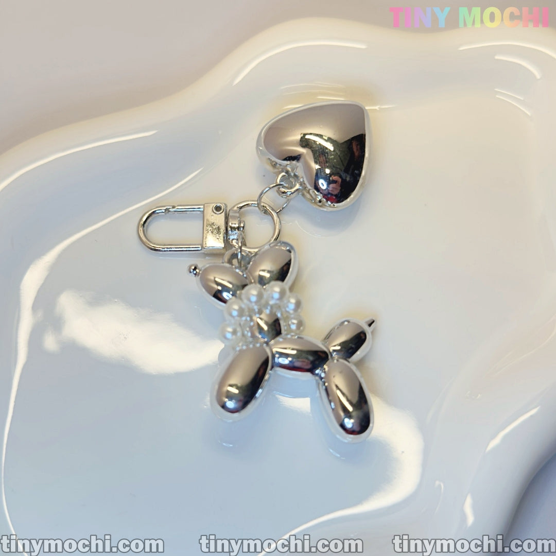 Silver Balloon Dog Keychain with Heart Charm—Cute Alloy Bag Pendant for Backpacks, Handbags, Car Keys, Gifts for Women & Girls - Tiny Mochi