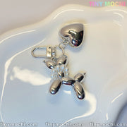 Silver Balloon Dog Keychain with Heart Charm—Cute Alloy Bag Pendant for Backpacks, Handbags, Car Keys, Gifts for Women & Girls - Tiny Mochi