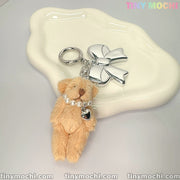 Plush Teddy Bear Keychain Charm, Bag Charm with Soft Furry Pendant and Silver Bow for Backpacks, Handbags, and Keys - Cute Fashion Accessory - Tiny Mochi