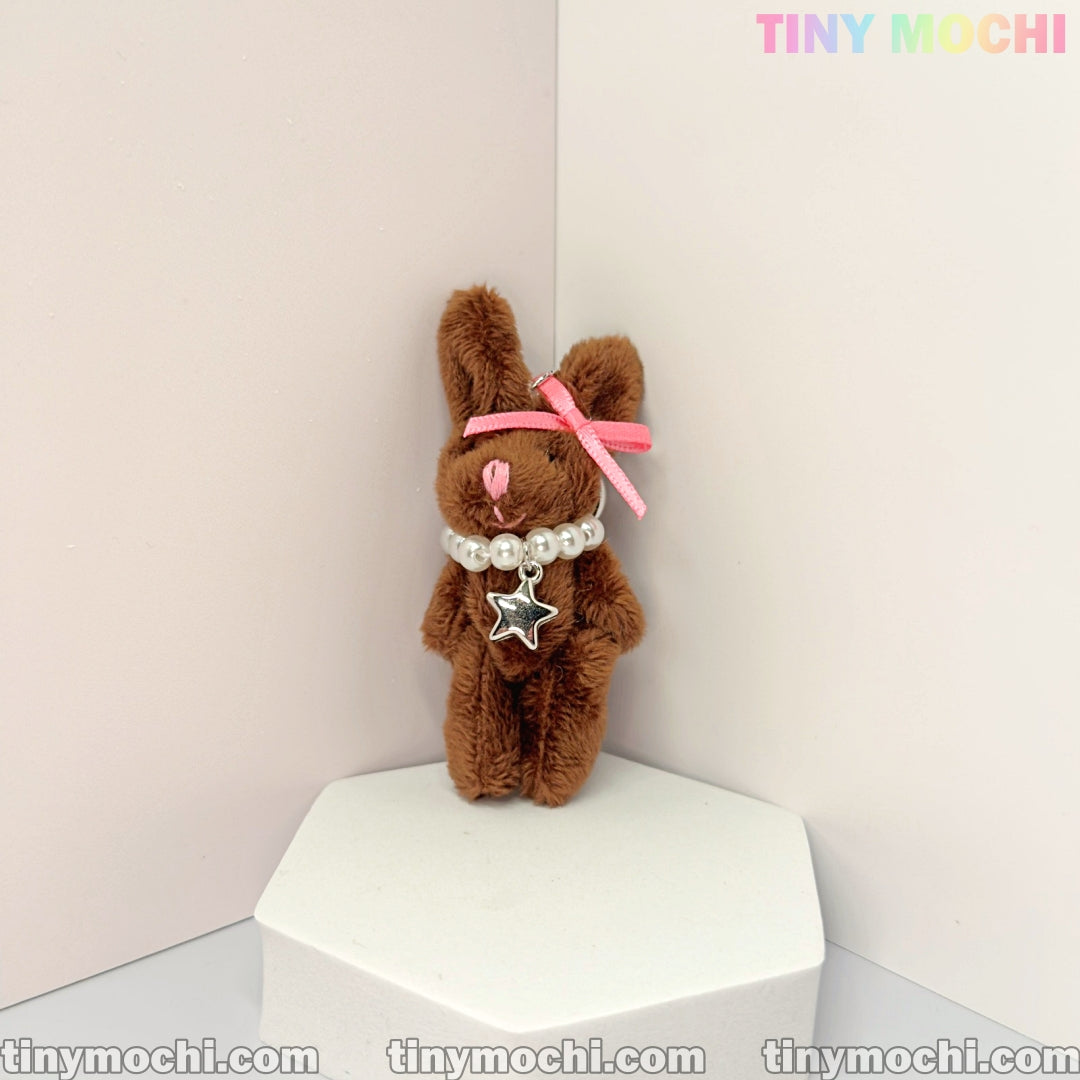 Plush Bunny Keychain with Pearl Necklace and Star Charm—Soft Furry Bag Charm for Backpacks, Handbags, and Keys—Cute Gift Accessory - Tiny Mochi