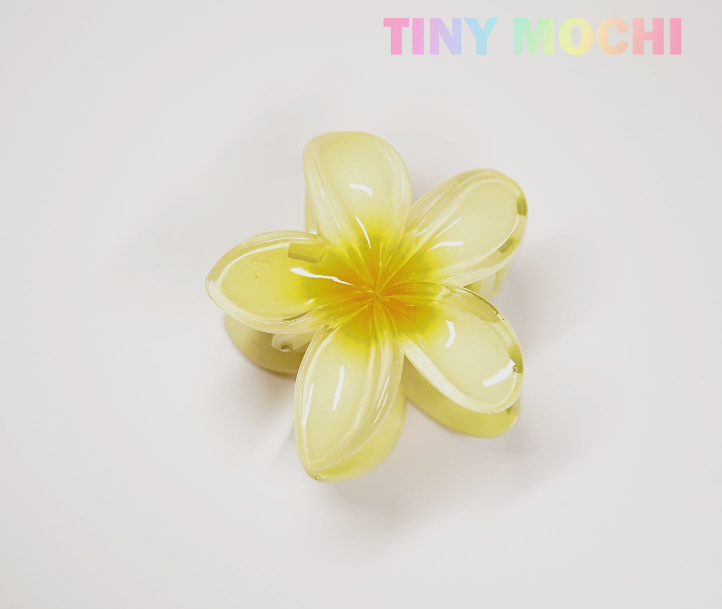 The Plumeria Flower Hair Claw by Tiny Mochi is a stylish floral hair accessory for women and girls. This colorful bloom clip adds charm while its strong grip securely holds your hairstyle all day. Pastel rainbow “Tiny Mochi” logo shown.