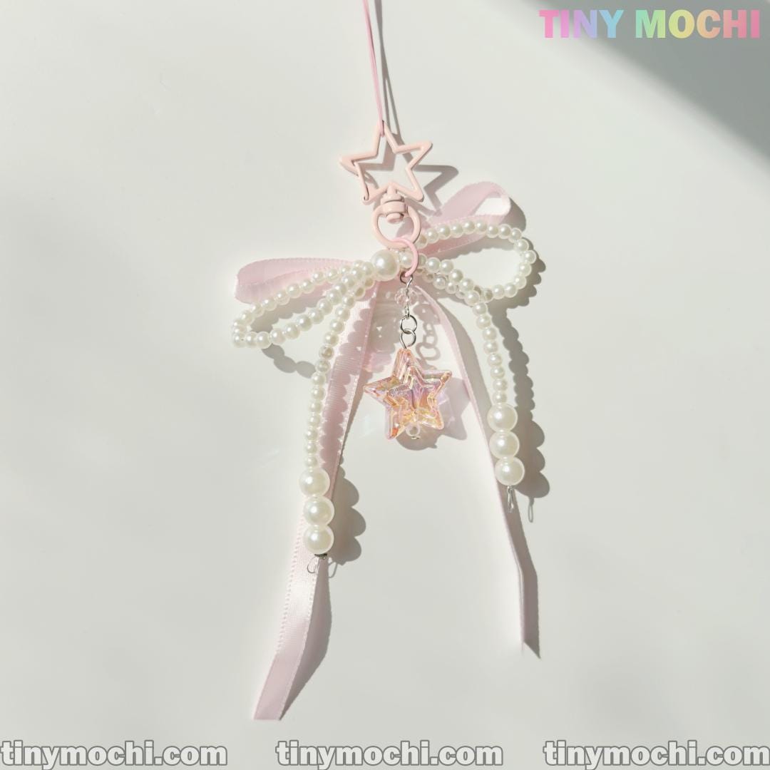 Pink Ribbon Star Pearl Keychain – Kawaii Bow Charm for Bags & Keys - Tiny Mochi