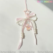 Pink Ribbon Star Pearl Keychain – Kawaii Bow Charm for Bags & Keys - Tiny Mochi