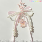 Pink Ribbon Star Pearl Keychain – Kawaii Bow Charm for Bags & Keys - Tiny Mochi