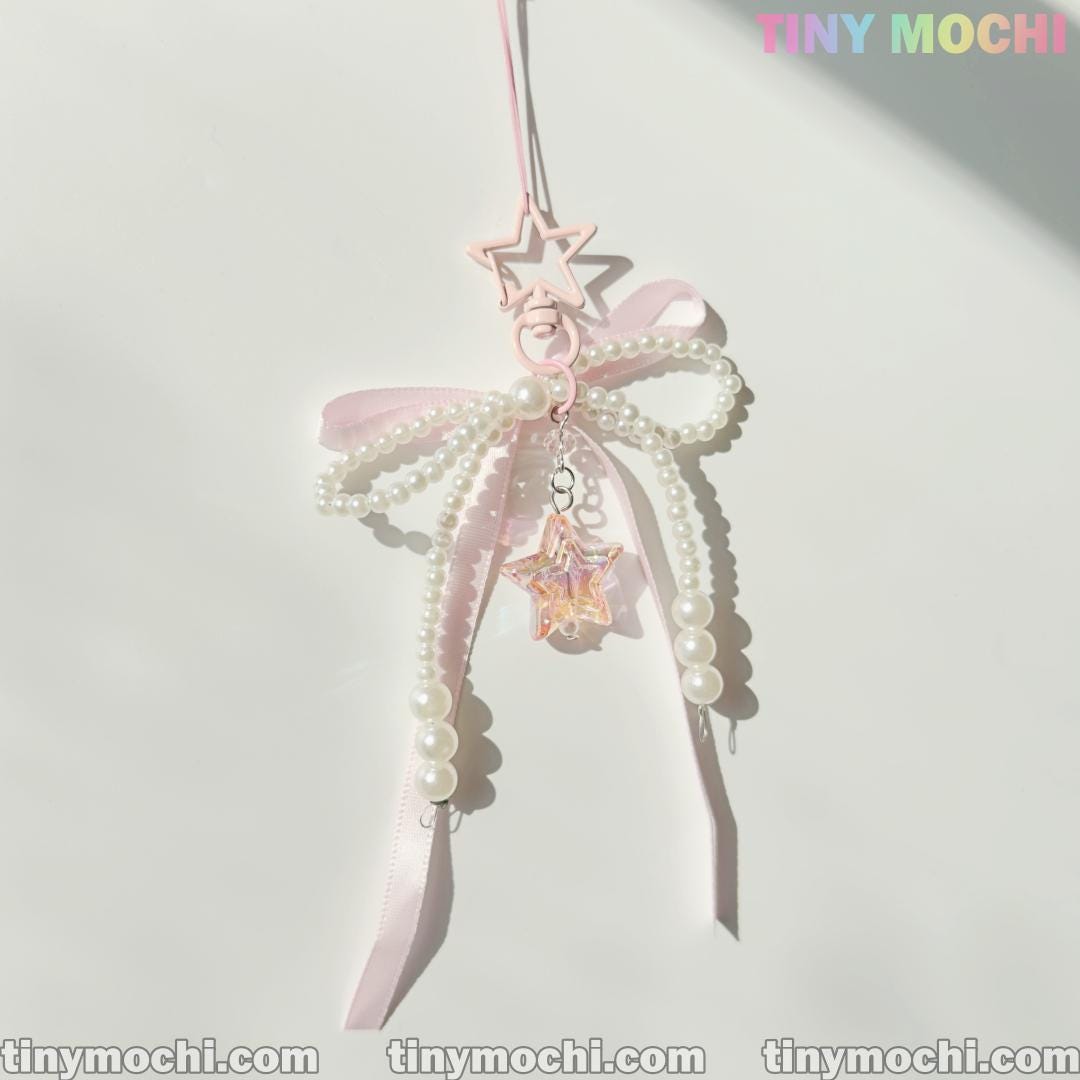 Pink Ribbon Star Pearl Keychain – Kawaii Bow Charm for Bags & Keys - Tiny Mochi