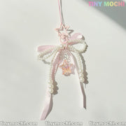 Pink Ribbon Star Pearl Keychain – Kawaii Bow Charm for Bags & Keys - Tiny Mochi