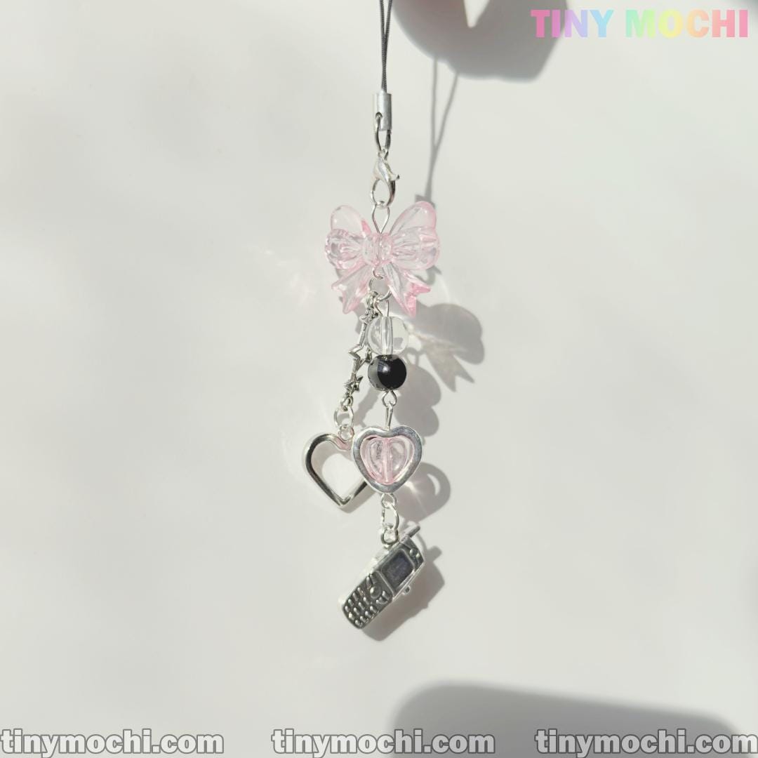 Y2K Pink Bow and Heart Phone Charm - Cute Keychain & Bag Accessory - Tiny Mochi