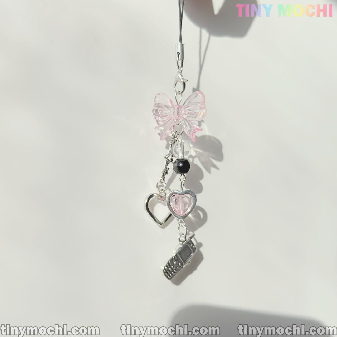 Y2K Pink Bow and Heart Phone Charm - Cute Keychain & Bag Accessory - Tiny Mochi