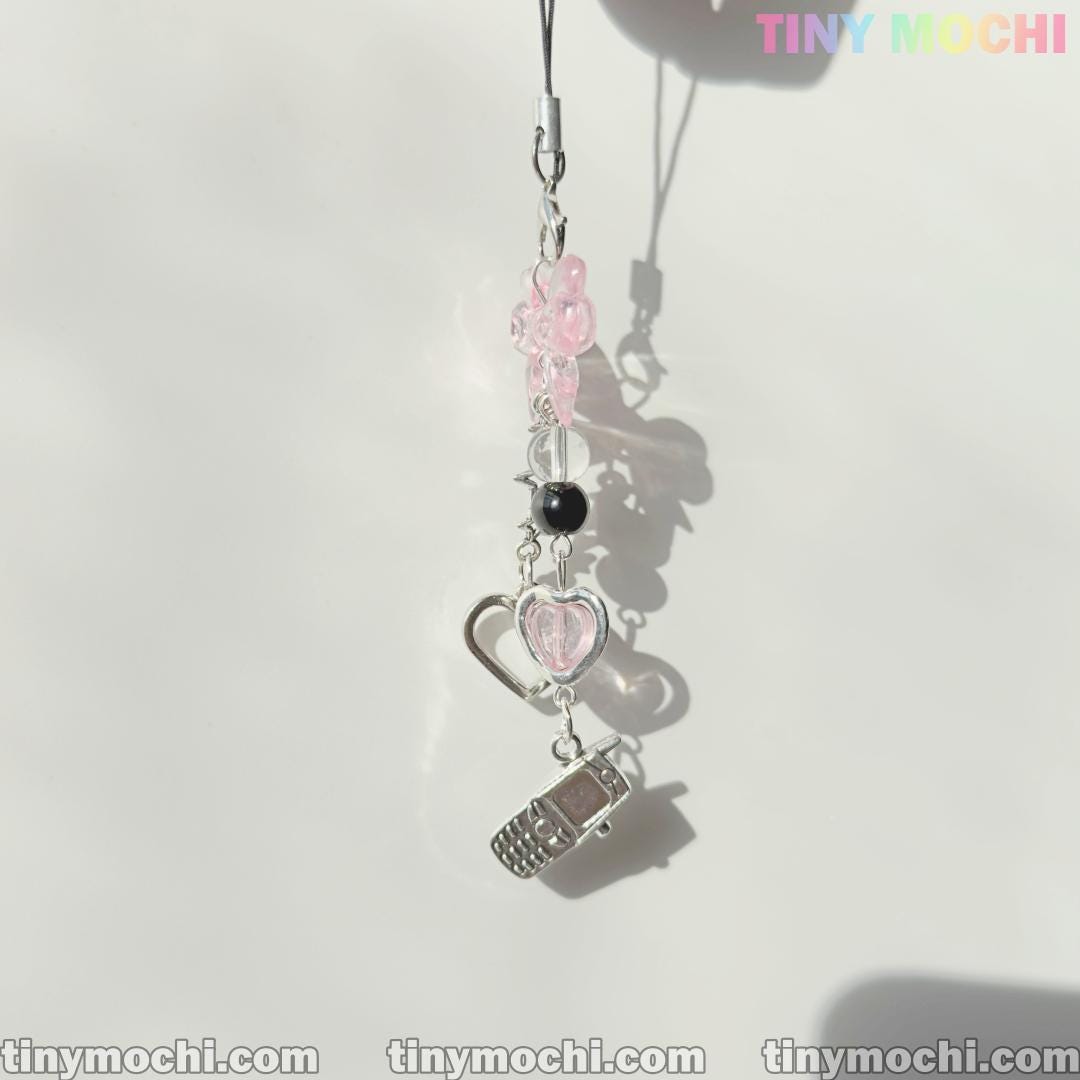 Y2K Pink Bow and Heart Phone Charm - Cute Keychain & Bag Accessory - Tiny Mochi