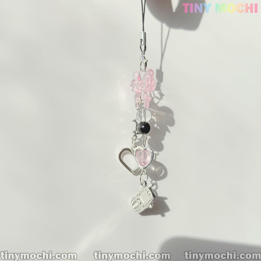 Y2K Pink Bow and Heart Phone Charm - Cute Keychain & Bag Accessory - Tiny Mochi