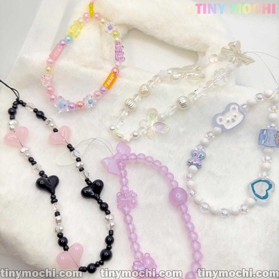 Y2K Aesthetic Phone Charms Set - Bear, Butterfly, Heart Charms on Colorful Lanyards - Tiny Mochi