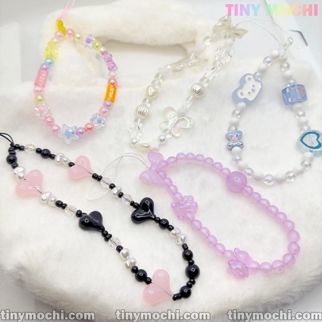 Y2K Aesthetic Phone Charms Set - Bear, Butterfly, Heart Charms on Colorful Lanyards - Tiny Mochi