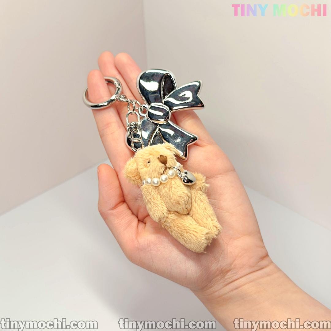 Plush Teddy Bear Keychain Charm, Bag Charm with Soft Furry Pendant and Silver Bow for Backpacks, Handbags, and Keys - Cute Fashion Accessory - Tiny Mochi