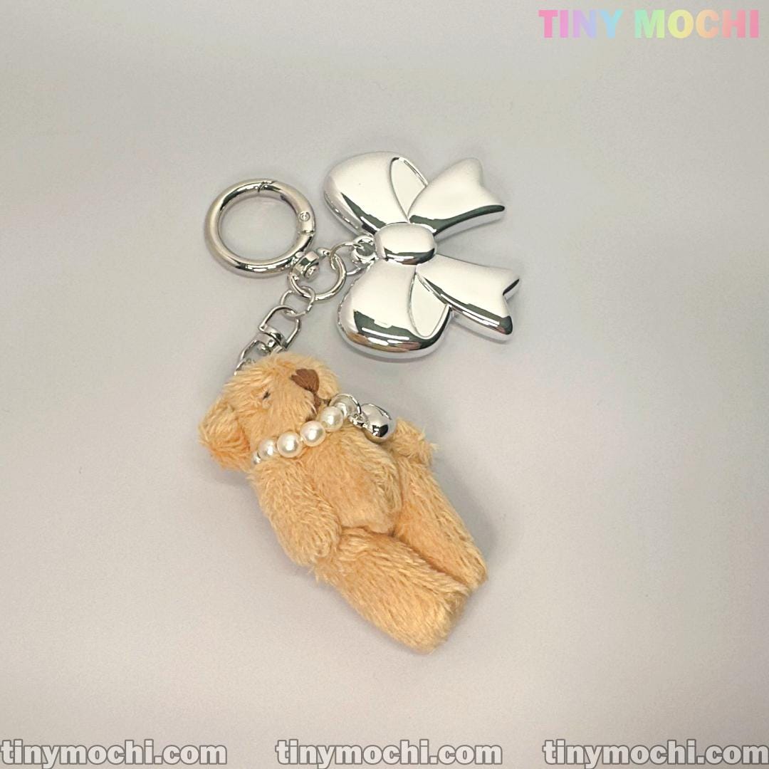 Plush Teddy Bear Keychain Charm, Bag Charm with Soft Furry Pendant and Silver Bow for Backpacks, Handbags, and Keys - Cute Fashion Accessory - Tiny Mochi