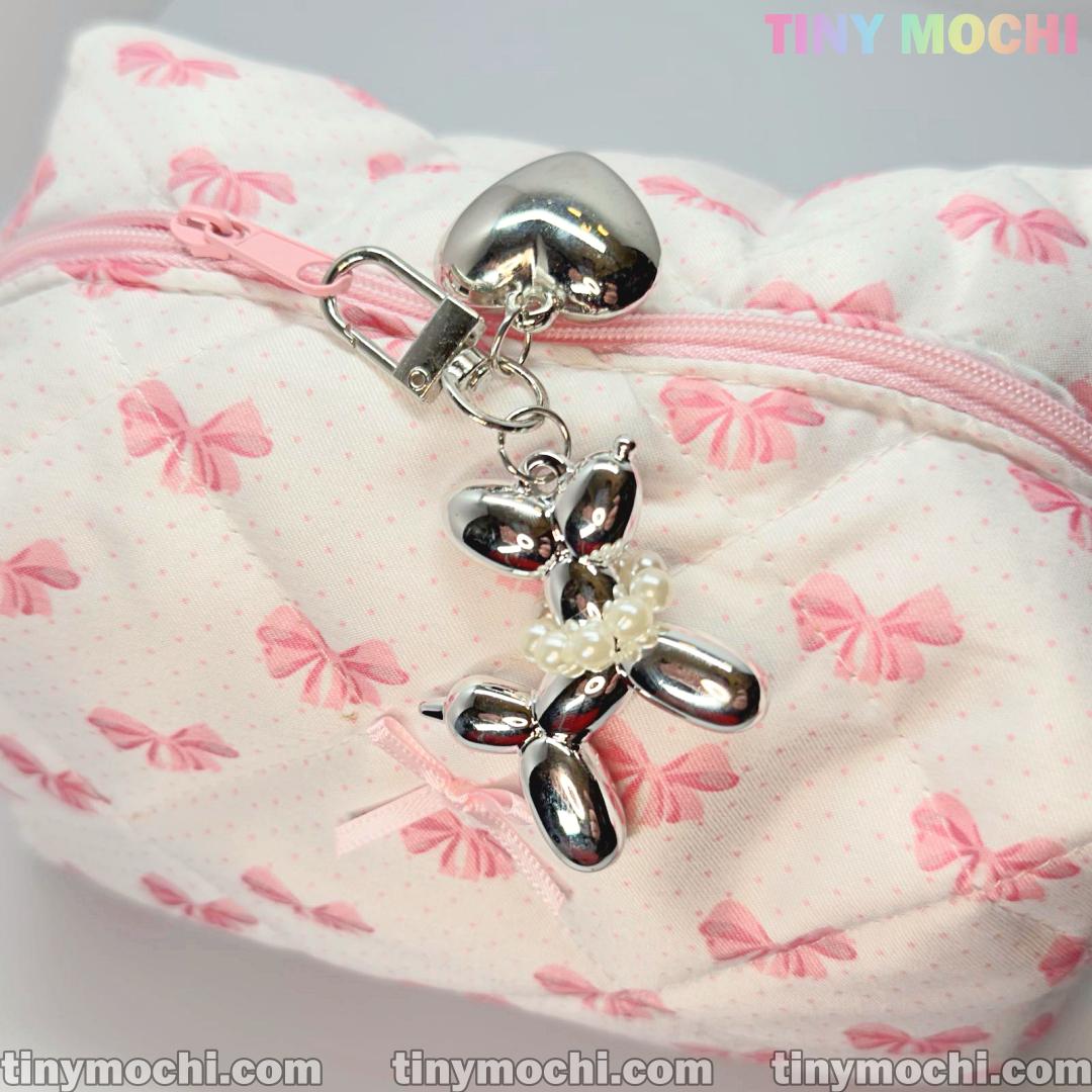 Silver Balloon Dog Keychain with Heart Charm—Cute Alloy Bag Pendant for Backpacks, Handbags, Car Keys, Gifts for Women & Girls - Tiny Mochi