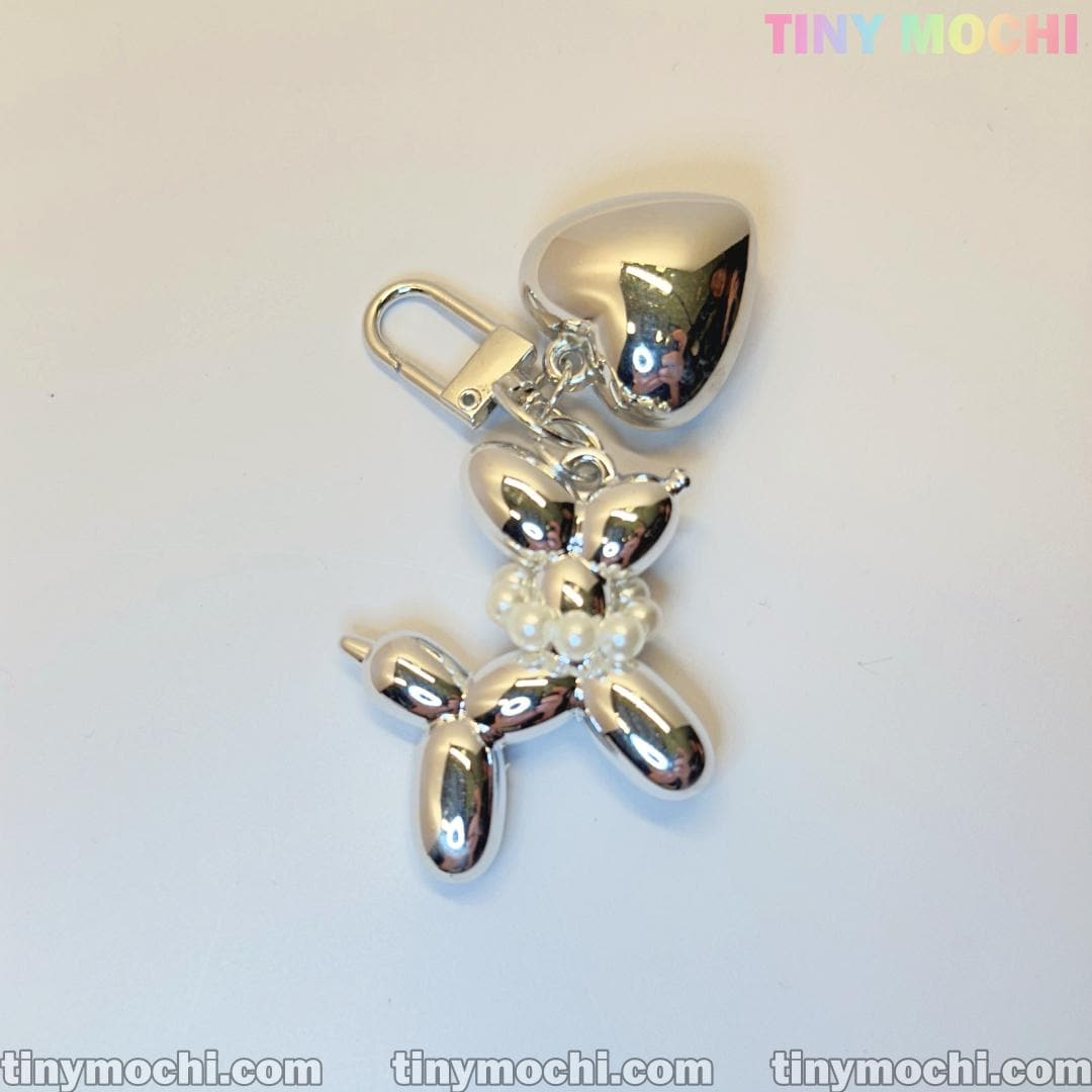 Silver Balloon Dog Keychain with Heart Charm—Cute Alloy Bag Pendant for Backpacks, Handbags, Car Keys, Gifts for Women & Girls - Tiny Mochi