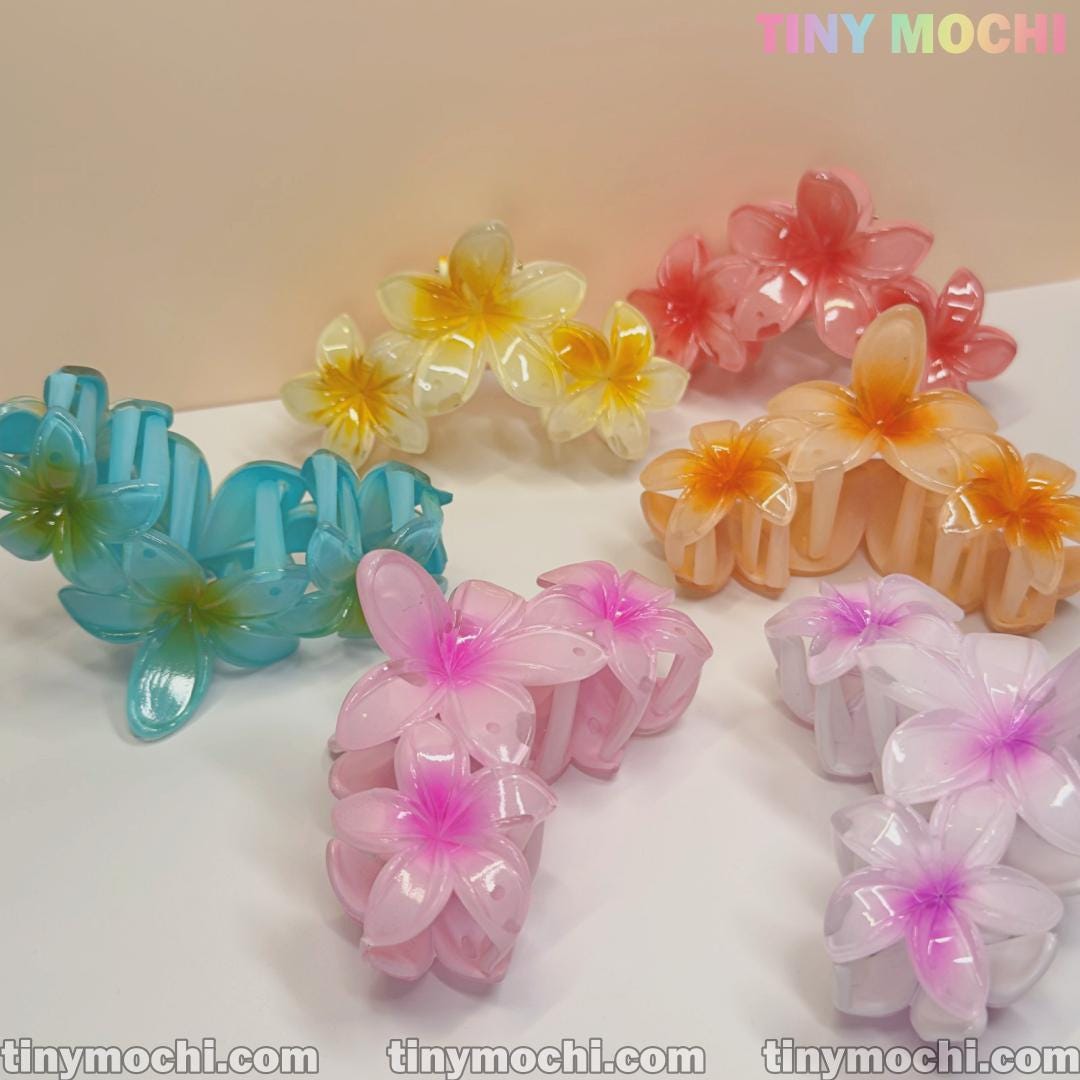 Plumeria Flower Claw Clip Hair Accessory, Durable Non-Slip Hair Claw for Women & Kids, Elegant Floral Hair Clip for Thick and Thin Hair - Tiny Mochi