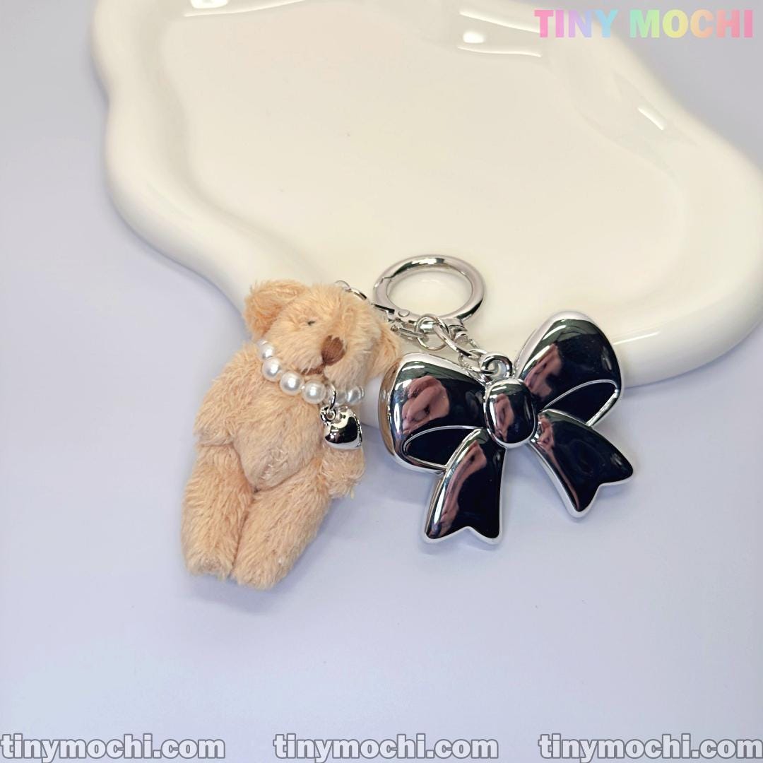 Plush Teddy Bear Keychain Charm, Bag Charm with Soft Furry Pendant and Silver Bow for Backpacks, Handbags, and Keys - Cute Fashion Accessory - Tiny Mochi