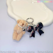 Plush Teddy Bear Keychain Charm, Bag Charm with Soft Furry Pendant and Silver Bow for Backpacks, Handbags, and Keys - Cute Fashion Accessory - Tiny Mochi