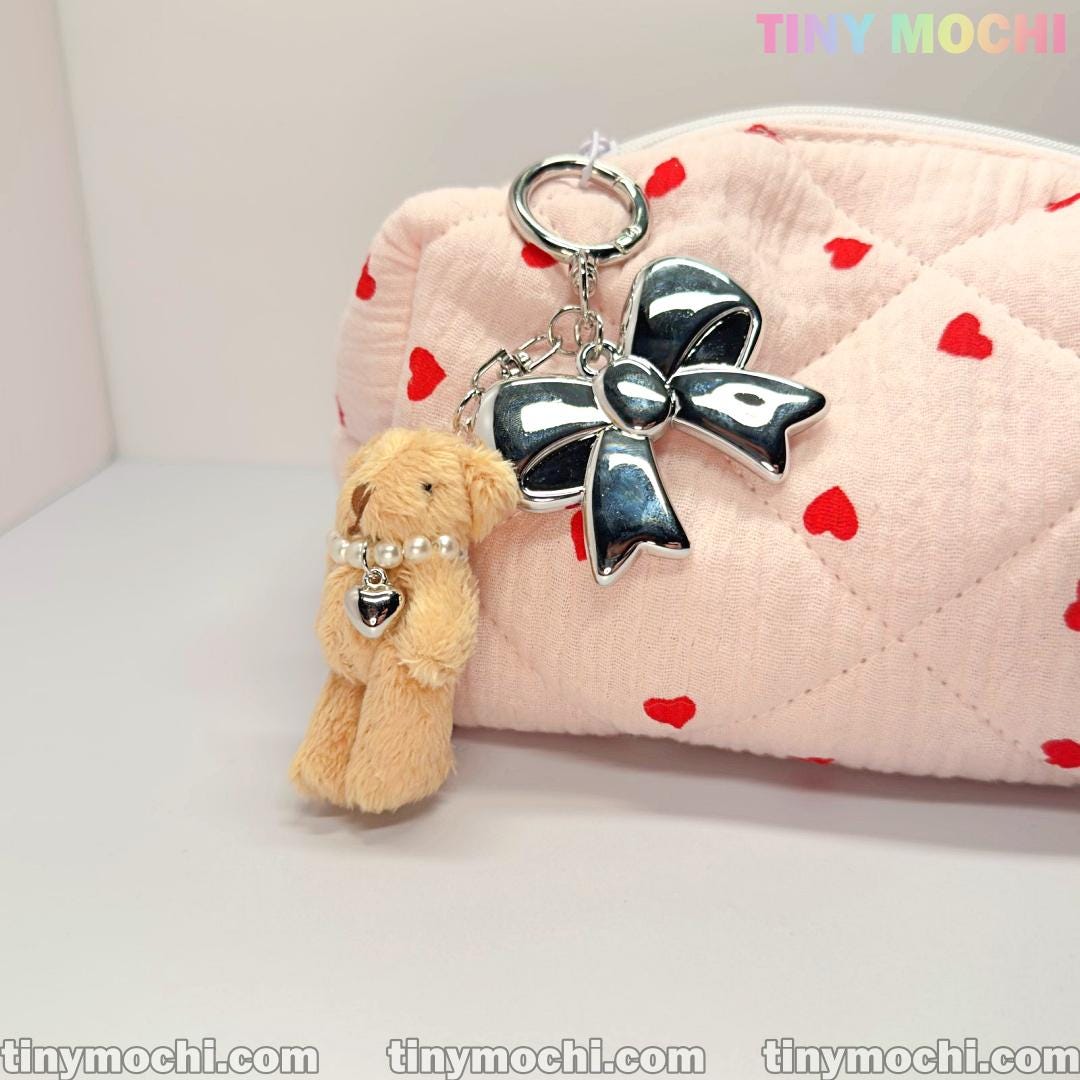 Plush Teddy Bear Keychain Charm, Bag Charm with Soft Furry Pendant and Silver Bow for Backpacks, Handbags, and Keys - Cute Fashion Accessory - Tiny Mochi