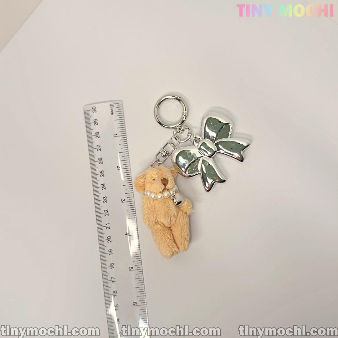 Plush Teddy Bear Keychain Charm, Bag Charm with Soft Furry Pendant and Silver Bow for Backpacks, Handbags, and Keys - Cute Fashion Accessory - Tiny Mochi