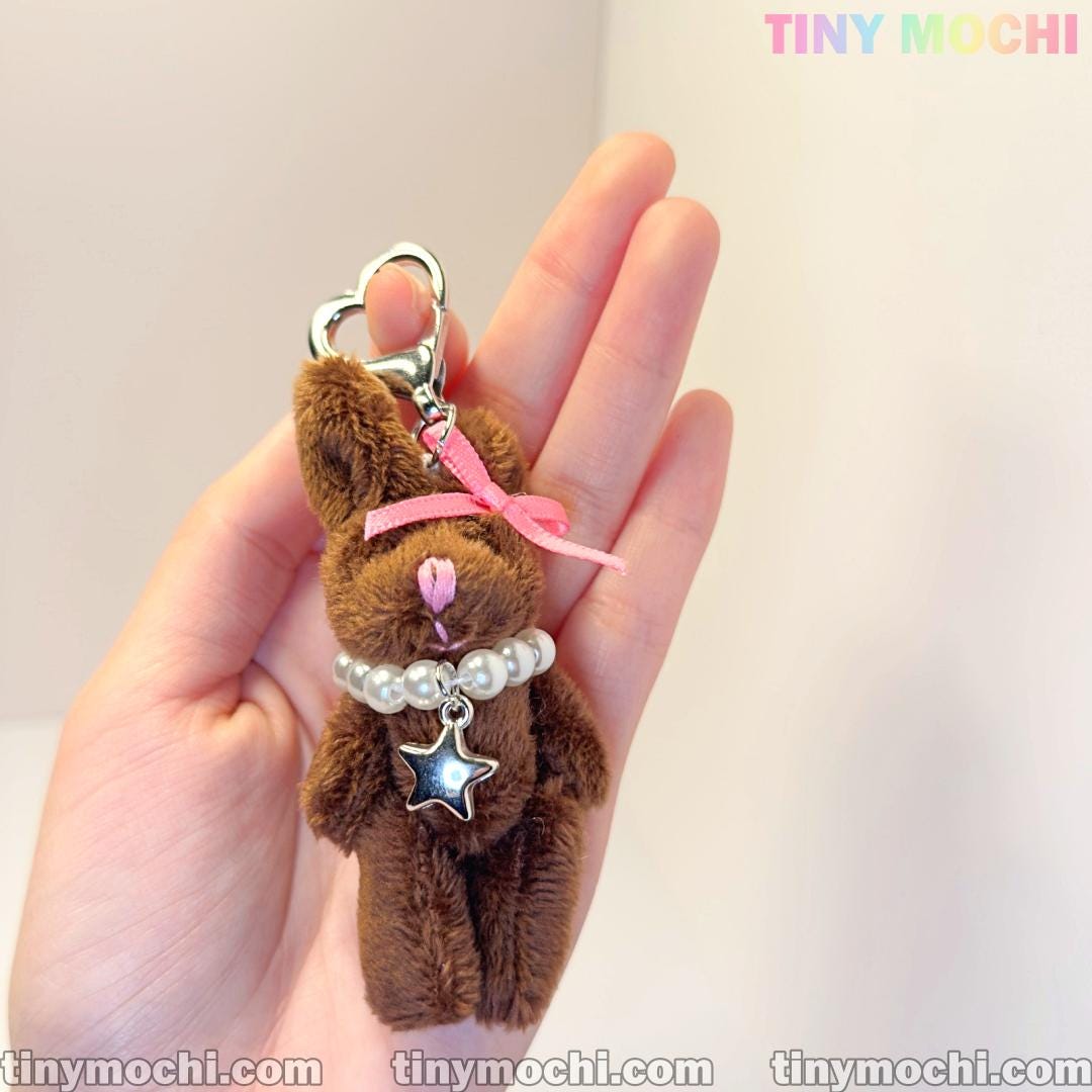 Plush Bunny Keychain with Pearl Necklace and Star Charm—Soft Furry Bag Charm for Backpacks, Handbags, and Keys—Cute Gift Accessory - Tiny Mochi