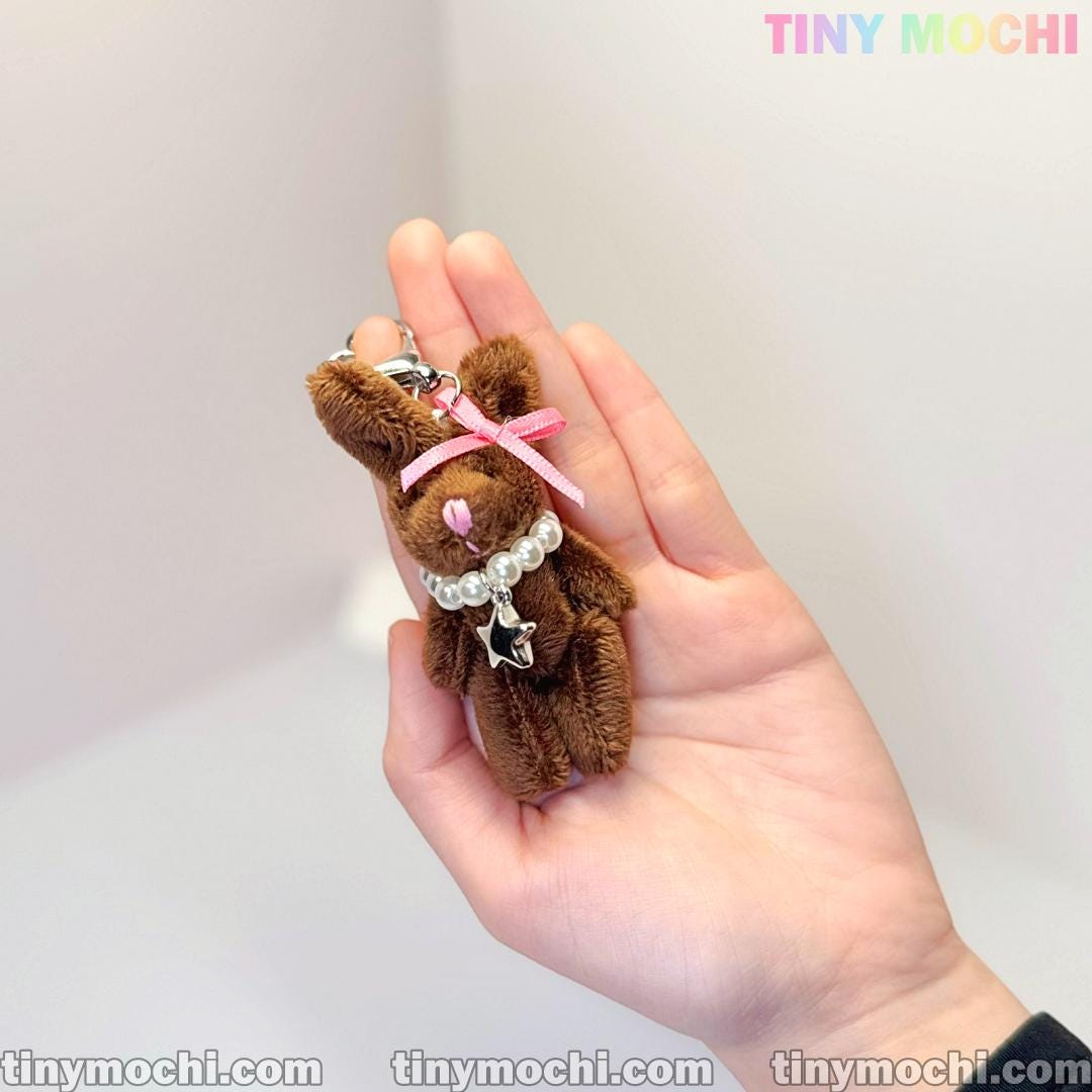 Plush Bunny Keychain with Pearl Necklace and Star Charm—Soft Furry Bag Charm for Backpacks, Handbags, and Keys—Cute Gift Accessory - Tiny Mochi
