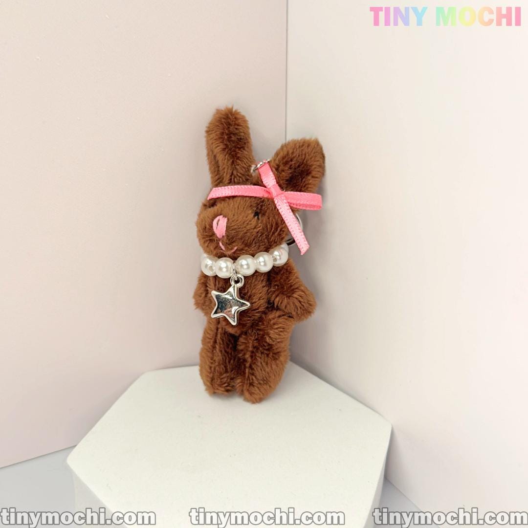 Plush Bunny Keychain with Pearl Necklace and Star Charm—Soft Furry Bag Charm for Backpacks, Handbags, and Keys—Cute Gift Accessory - Tiny Mochi