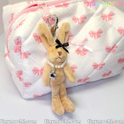 Cute Tall Beige Bunny Keychain with Silver Beads, Star Necklace — Soft Furry Bag Charm, Accessories for Purses, Cute Keychain - Tiny Mochi