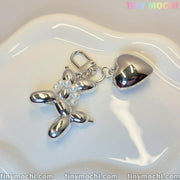 Silver Balloon Dog Keychain with Heart Charm—Cute Alloy Bag Pendant for Backpacks, Handbags, Car Keys, Gifts for Women & Girls - Tiny Mochi