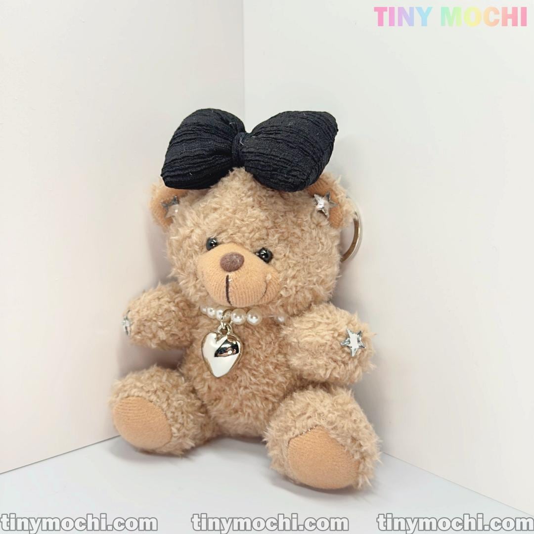 Plush Teddy Bear Keychain with Bow and Pearl Necklace—Cute Bag Charm for Women, Car Key Accessory, Stylish Gift for Girls - Tiny Mochi