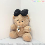 Plush Teddy Bear Keychain with Bow and Pearl Necklace—Cute Bag Charm for Women, Car Key Accessory, Stylish Gift for Girls - Tiny Mochi