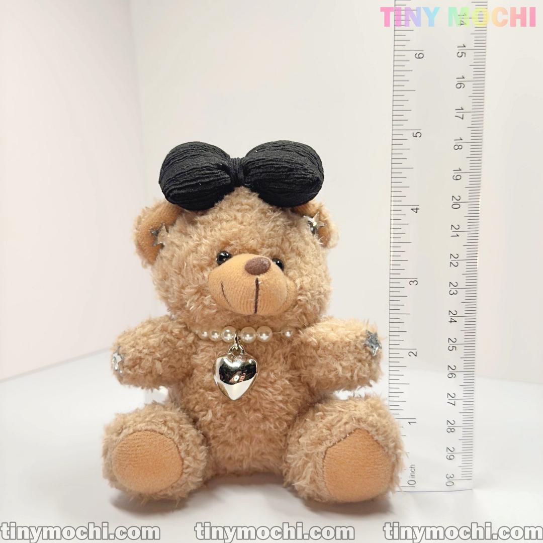Plush Teddy Bear Keychain with Bow and Pearl Necklace—Cute Bag Charm for Women, Car Key Accessory, Stylish Gift for Girls - Tiny Mochi