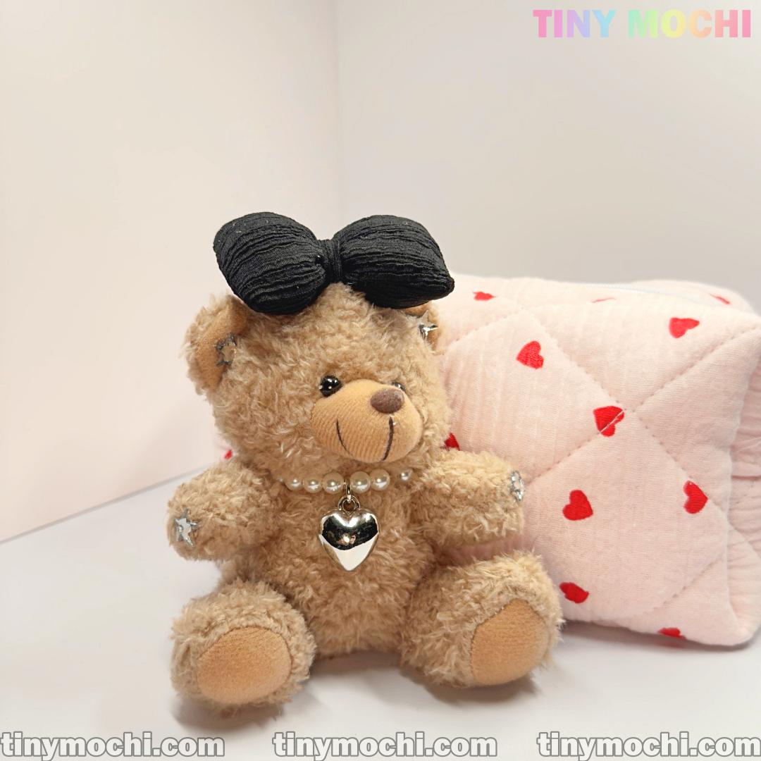 Plush Teddy Bear Keychain with Bow and Pearl Necklace—Cute Bag Charm for Women, Car Key Accessory, Stylish Gift for Girls - Tiny Mochi