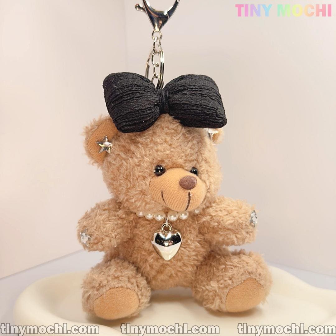 Plush Teddy Bear Keychain with Bow and Pearl Necklace—Cute Bag Charm for Women, Car Key Accessory, Stylish Gift for Girls - Tiny Mochi