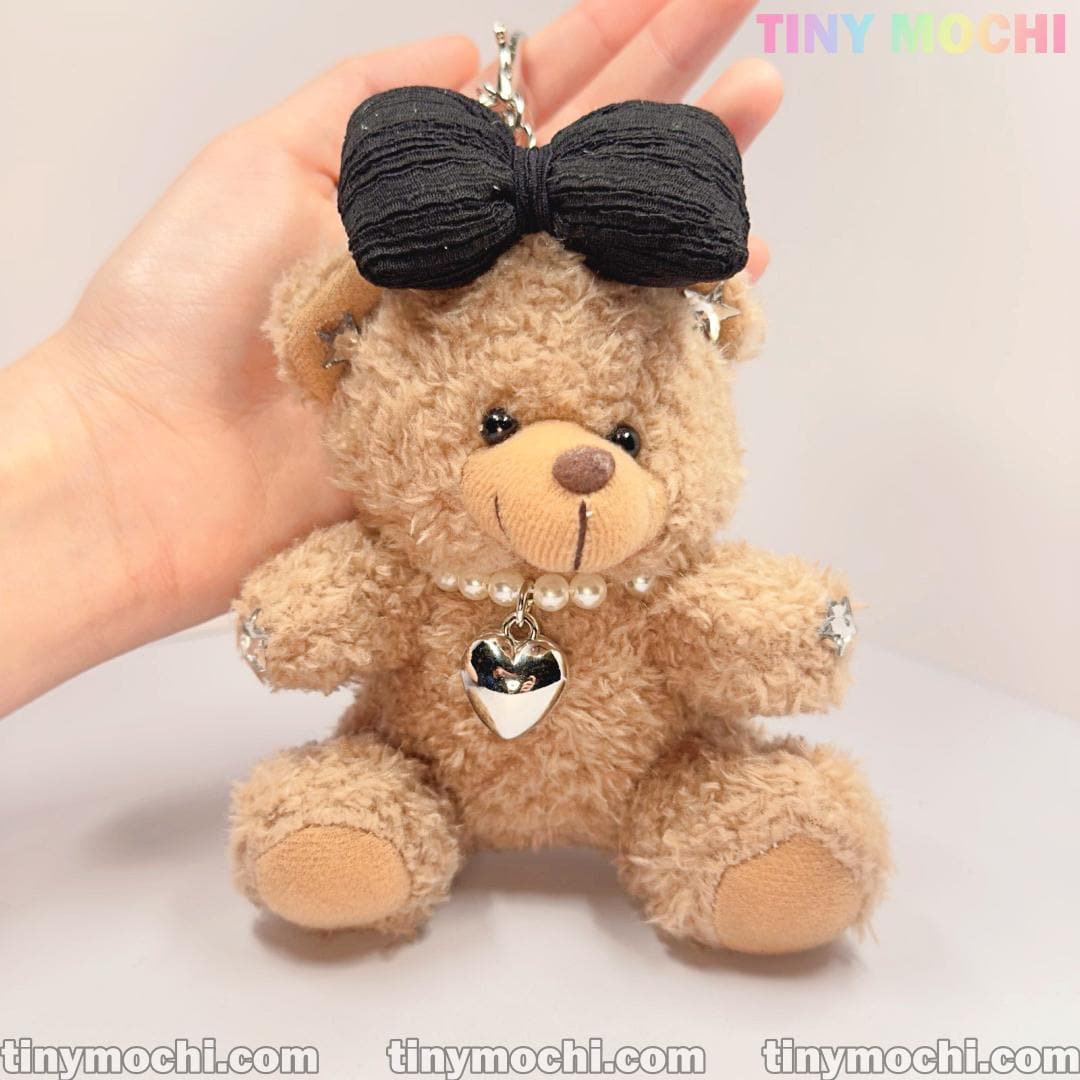 Plush Teddy Bear Keychain with Bow and Pearl Necklace—Cute Bag Charm for Women, Car Key Accessory, Stylish Gift for Girls - Tiny Mochi