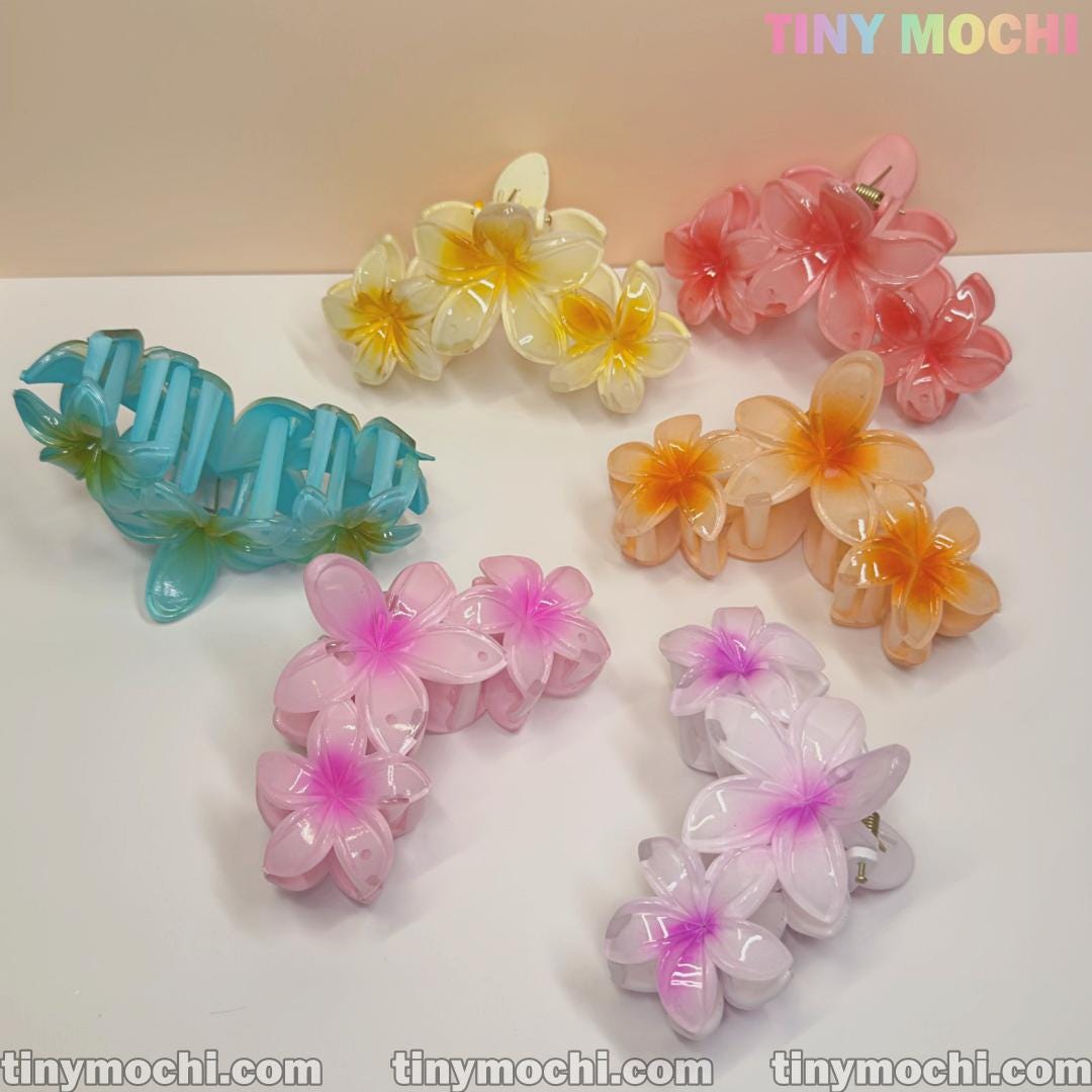 Plumeria Flower Claw Clip Hair Accessory, Durable Non-Slip Hair Claw for Women & Kids, Elegant Floral Hair Clip for Thick and Thin Hair - Tiny Mochi