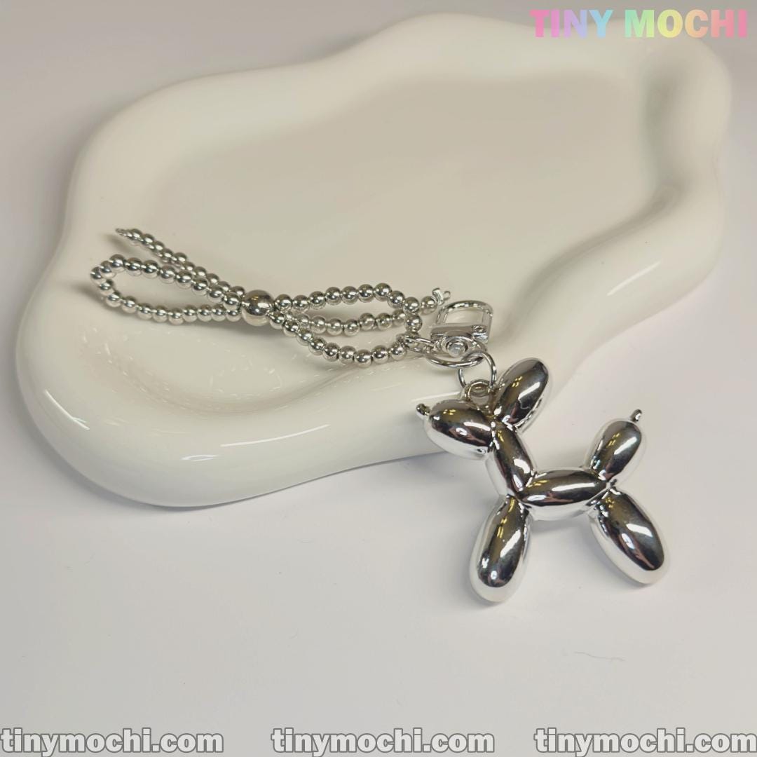 Silver Balloon Dog Keychain with Bead Bow | Cute Bag Charm & Purse Accessory - Tiny Mochi