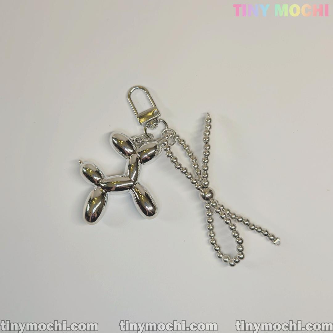 Silver Balloon Dog Keychain with Bead Bow | Cute Bag Charm & Purse Accessory - Tiny Mochi