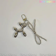 Silver Balloon Dog Keychain with Bead Bow | Cute Bag Charm & Purse Accessory - Tiny Mochi