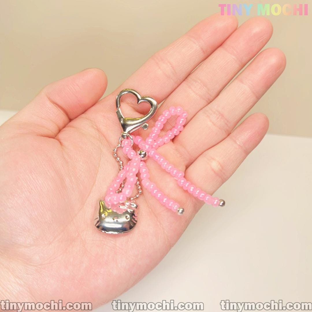 Pink Beaded Bow & Kitty Charm—Cute Keychain Bag Charm for Coquette Aesthetic - Tiny Mochi