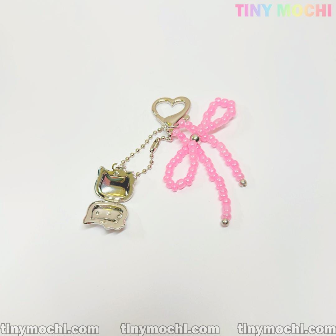 Pink Beaded Bow & Kitty Charm—Cute Keychain Bag Charm for Coquette Aesthetic - Tiny Mochi