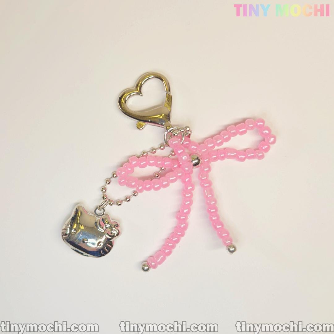 Pink Beaded Bow & Kitty Charm—Cute Keychain Bag Charm for Coquette Aesthetic - Tiny Mochi