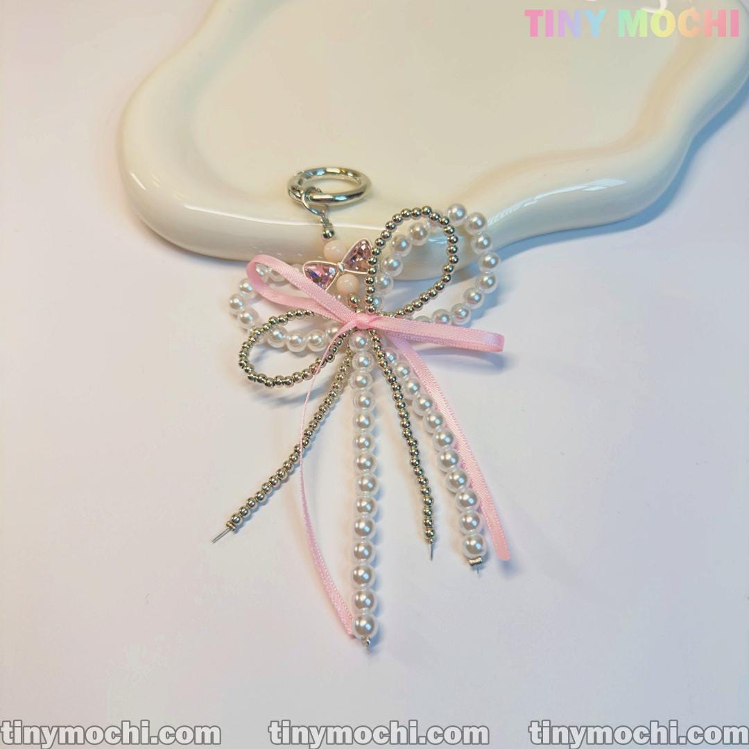 Pearl Bow Bag Charm Beaded Keychain for Purses Backpacks Cute Elegant Accessory Gift - Tiny Mochi