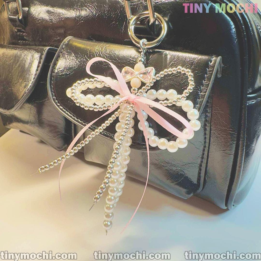 Pearl Bow Bag Charm Beaded Keychain for Purses Backpacks Cute Elegant Accessory Gift - Tiny Mochi