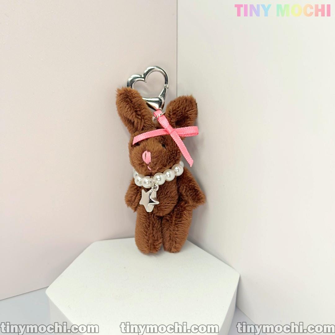 Plush Bunny Keychain with Pearl Necklace and Star Charm—Soft Furry Bag Charm for Backpacks, Handbags, and Keys—Cute Gift Accessory - Tiny Mochi